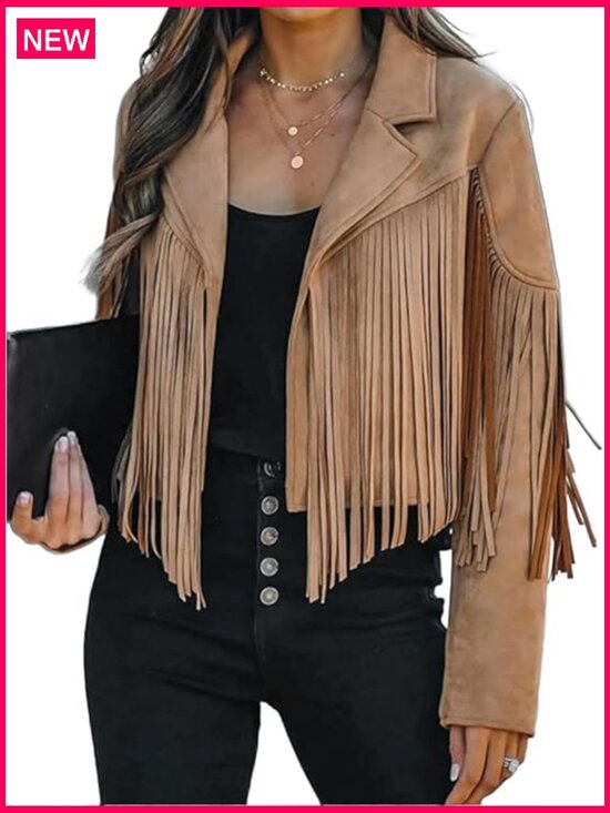Jackets & Blazers - Faux Suede Leather Cropped Jacket with Fringe Tassel Western Style